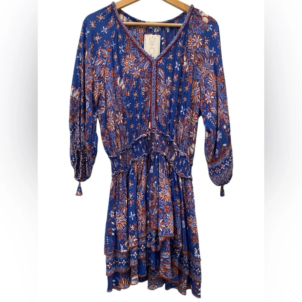 Poupette St. Barth Cotton Floral Long Sleeve V-Neck Smocked Waist Mini Dress - Picture 3 of 7